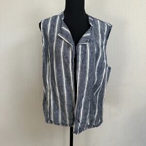 Chicos Vest 2 Large Blue 100% Linen Sleeveless Striped Western Open Front